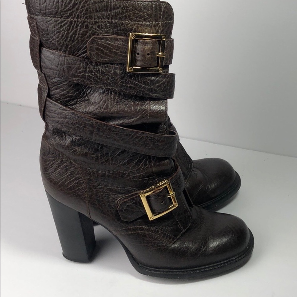 Tory Burch Dark Brown Leather Heeled Buckle Boots